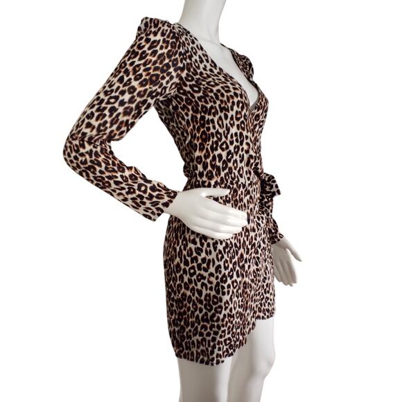 Reformation Womens Size Small Brooke Leopard Mini Long Sleeve Wrap Dress - Picture 2 of 7